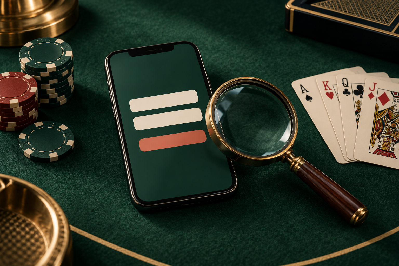 Layar masuk ilustratif, kaca pembesar, kartu, dan keping casino
