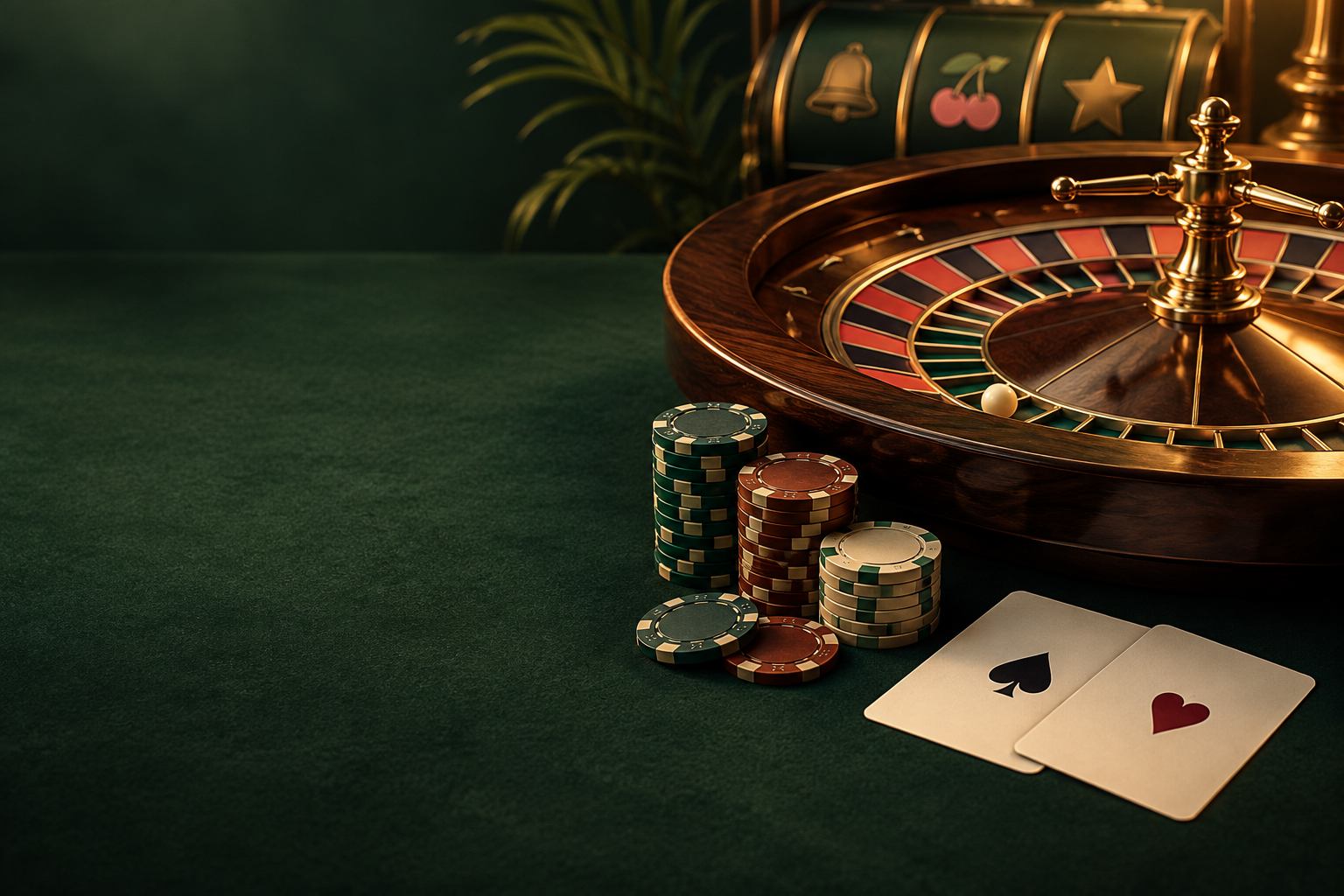 Meja rulet dengan kartu, keping casino, dan pencahayaan tembaga