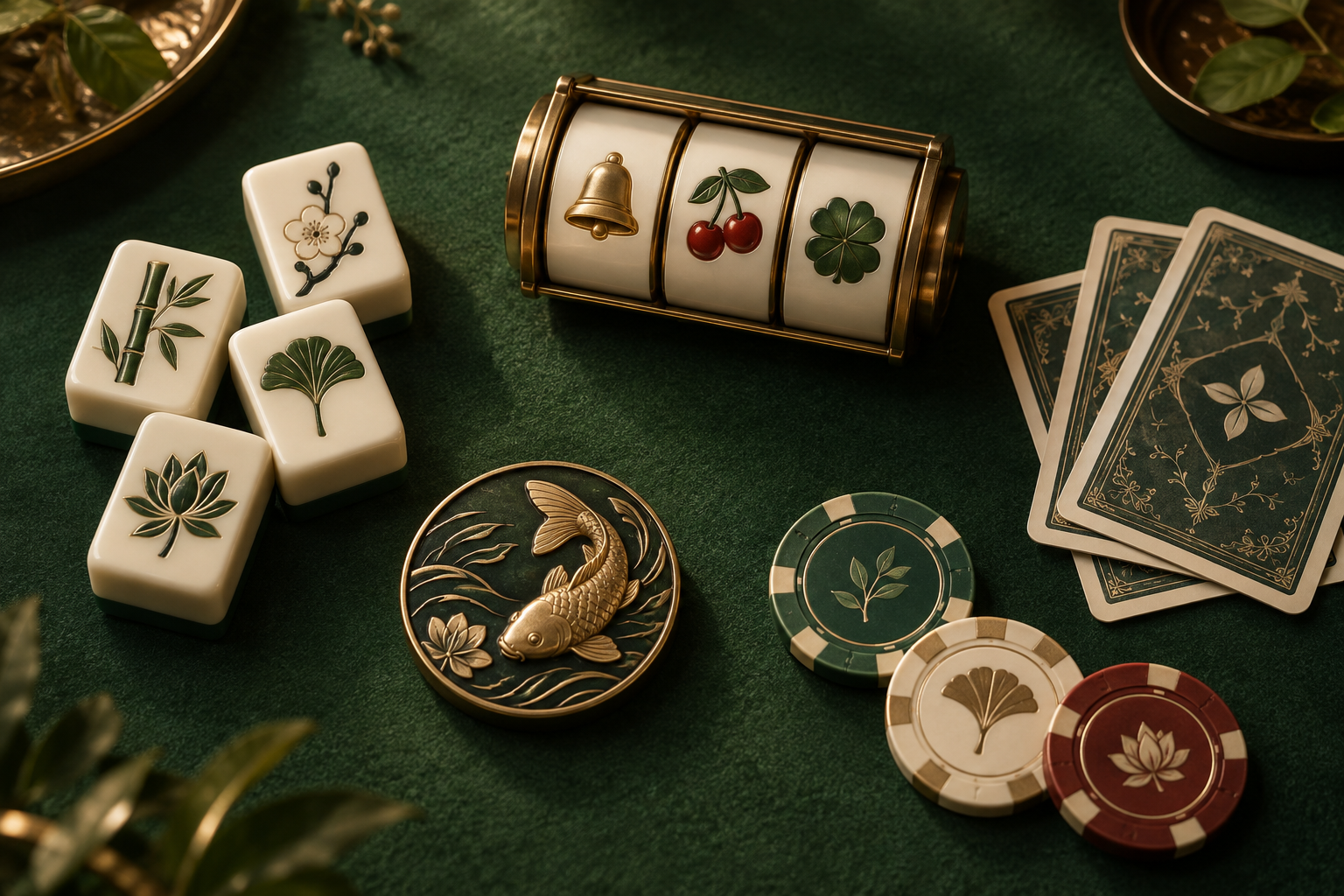 Ubin mahjong, gulungan slot, kartu, dan keping di meja casino hijau