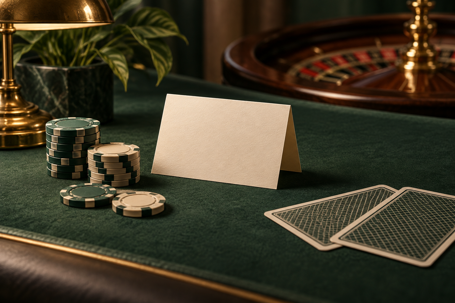 Dokumen ketentuan di samping kartu dan keping pada meja casino
